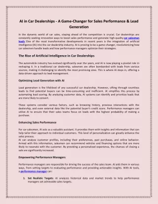 AI in Car Dealerships - A Game-Changer for Sales Performance & Lead Generation