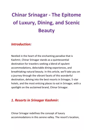 Chinar Srinagar - The Epitome of Luxury, Dining, and Scenic Beauty