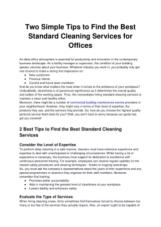 Two Simple Tips to Find the Best Standard Cleaning Services for Offices