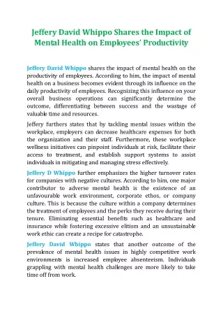 Jeffery David Whippo Shares the Impact of Mental Health on Employees’ Productivi