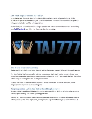 Get Your Taj777 Online ID Today!