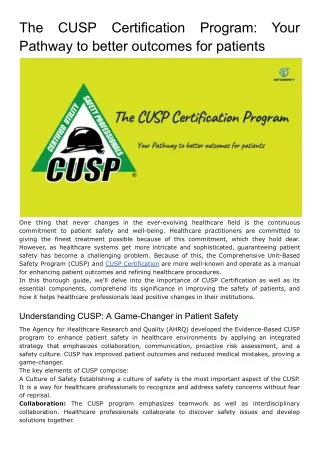 The CUSP Certification Program_ Your Pathway to better outcomes for patients