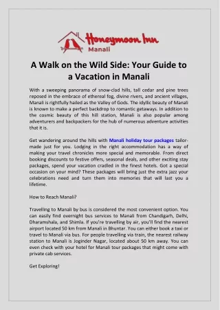A Walk on the Wild Side Your Guide to a Vacation in Manali