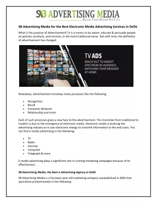 SB Advertising Media for the Best Electronic Media Advertising Services in Delhi