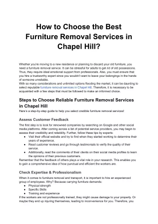 How to Choose the Best Furniture Removal Services in Chapel Hill