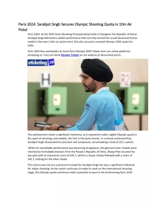Paris 2024 Sarabjot Singh Secures Olympic Shooting Quota in 10m Air Pistol