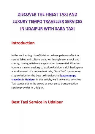 Discover the Finest Taxi and Luxury Tempo Traveller Services in Udaipur with Sara Taxi