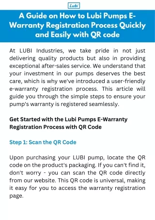 Lubi Pumps E-Warranty Registration Process Using QR code