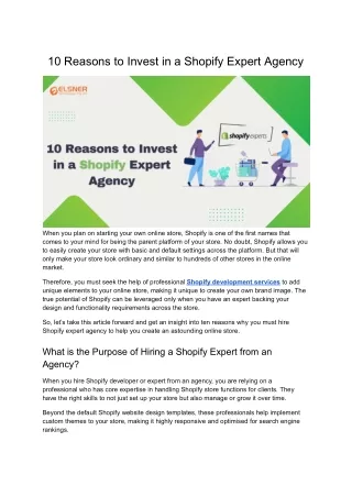 10 Reasons to Invest in an Shopify Expert Agency