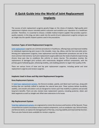 A Quick Guide into the World of Joint Replacement Implants