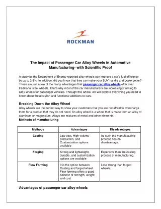 The Impact of Passenger Car Alloy Wheels in Automotive Manufacturing- with Scien