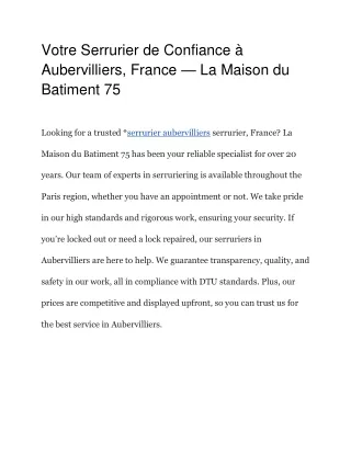 Votre Serrurier de Confiance à Aubervilliers, France — La Maison du Batiment 75