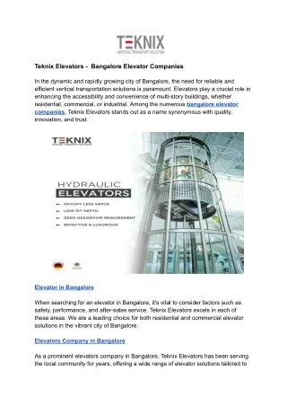Teknix Elevators -  Bangalore Elevator Companies