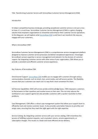 Transforming Customer Service with ServiceNow Customer Service Management (CSM)