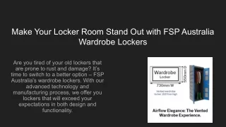 Make Your Locker Room Stand Out with FSP Australia Wardrobe Lockers