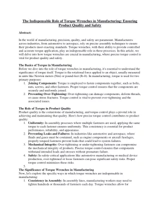 The Indispensable Role of Torque Wrenches in Manufacturing - Ensuring Product Quality and Safety