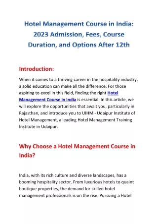 Hotel Management Course in India: 2023 Admission, Fees, Course Duration, and Opt