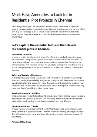 Must-Have Amenities to Look for in Residential Plot Projects in Chennai