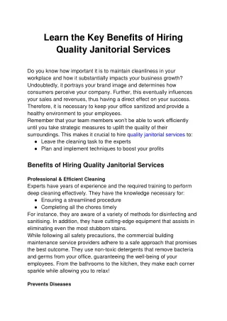 Learn the Key Benefits of Hiring Quality Janitorial Services