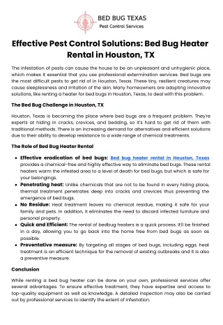 Effective Pest Control Solutions Bed Bug Heater Rental in Houston, TX