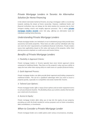 Private Mortgage Lenders in Toronto-An Alternative Solution for Home Financing