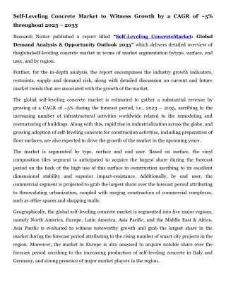 Self-Leveling Concrete Market to Witness Growth by a CAGR of ~5% throughout 2023
