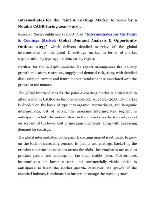 Intermediates for the Paint  Coatings market