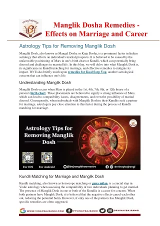 Manglik Dosha Remedies - Effects on Marriage and Career