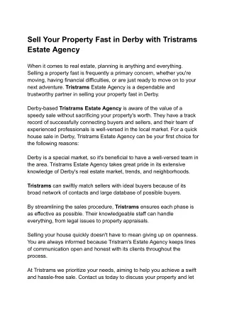 Sell Your Property Fast in Derby with Tristrams Estate Agency