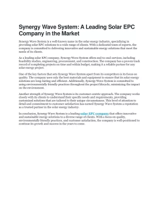 Synergy Wave System: A Leading Solar EPC Company in the Market