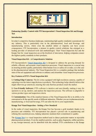 Enhancing Quality Control with FTI Incorporation's Visual Inspection Kit and Knapp Test
