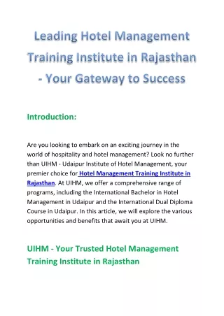 Leading Hotel Management Training Institute in Rajasthan