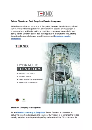 Teknix Elevators - Best Bangalore Elevator Companies