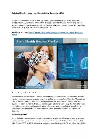 Brain Health Devices Market Size, Share and Growth Analysis to 2030