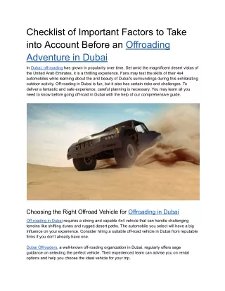 Checklist of Important Factors to Take into Account Before an Offroading Adventure in Dubai