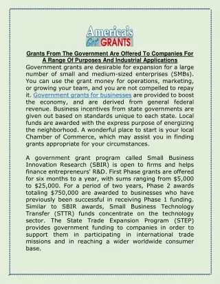 Grants From The Government Are Offered To Companies For A Range Of Purposes And Industrial Applications