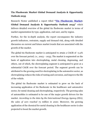Tin Fluoborate Market Global Demand Analysis & Opportunity Outlook 2035