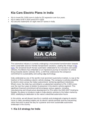 Kia Cars Electric Plans in India