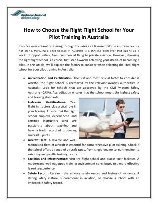 How to Choose the Right Flight School for Your Pilot Training in Australia