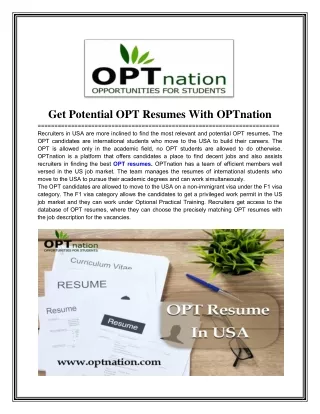 Get Potential OPT Resumes with OPTnation