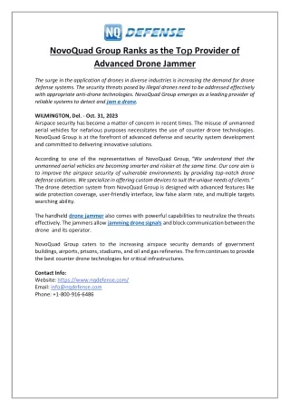 NovoQuad Group Ranks as the Top Provider of Advanced Drone Jammer