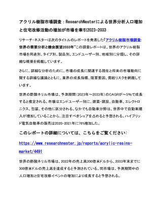 アクリル樹脂市場調査：ResearchNesterによる世界分析人口増加と住宅改修活動の増加が市場を牽引2023-2033