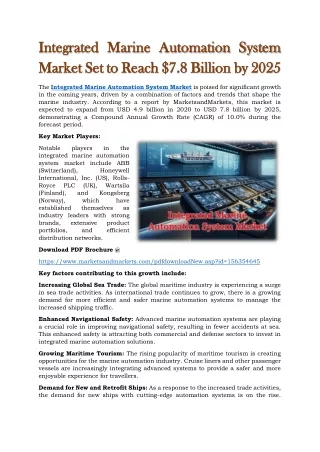 Integrated Marine Automation System Market Set to Reach $7.8 Billion by 2025