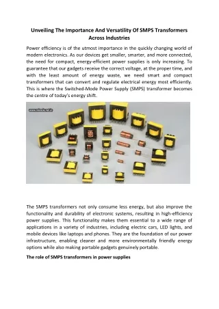 Unveiling The Importance And Versatility Of SMPS Transformers Across Industries