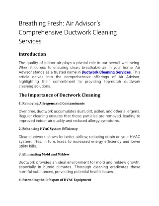 Air Advisor’s Comprehensive Ductwork Cleaning Services