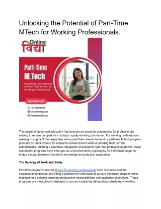 Unlocking the Potential of Part-Time MTech for Working Professionals