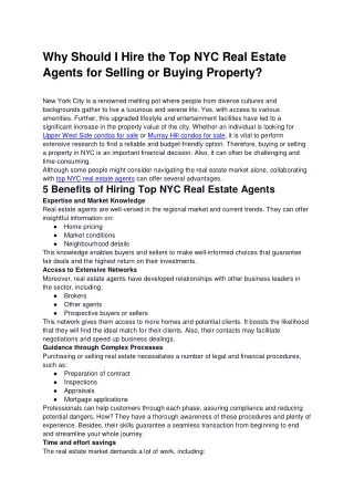 Why Should I Hire the Top NYC Real Estate Agents for Selling or Buying Property_