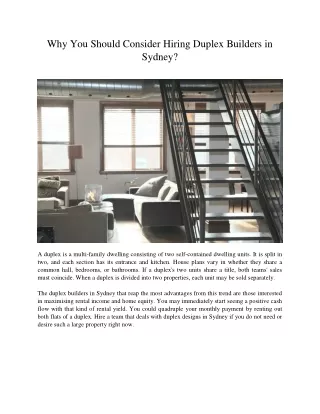 Why You Should Consider Hiring Duplex Builders in Sydney