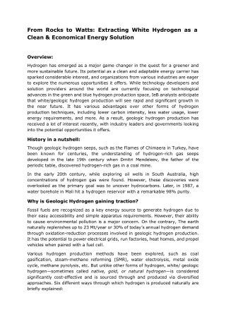 From Rocks to Watts: Extracting White Hydrogen as a Clean & Economical Energy So