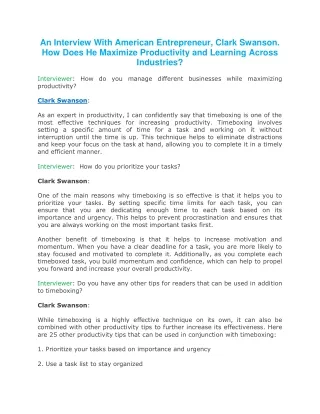 An Interview With American Entrepreneur, Clark Swanson. How Does He Maximize Productivity and Learning Across Industries